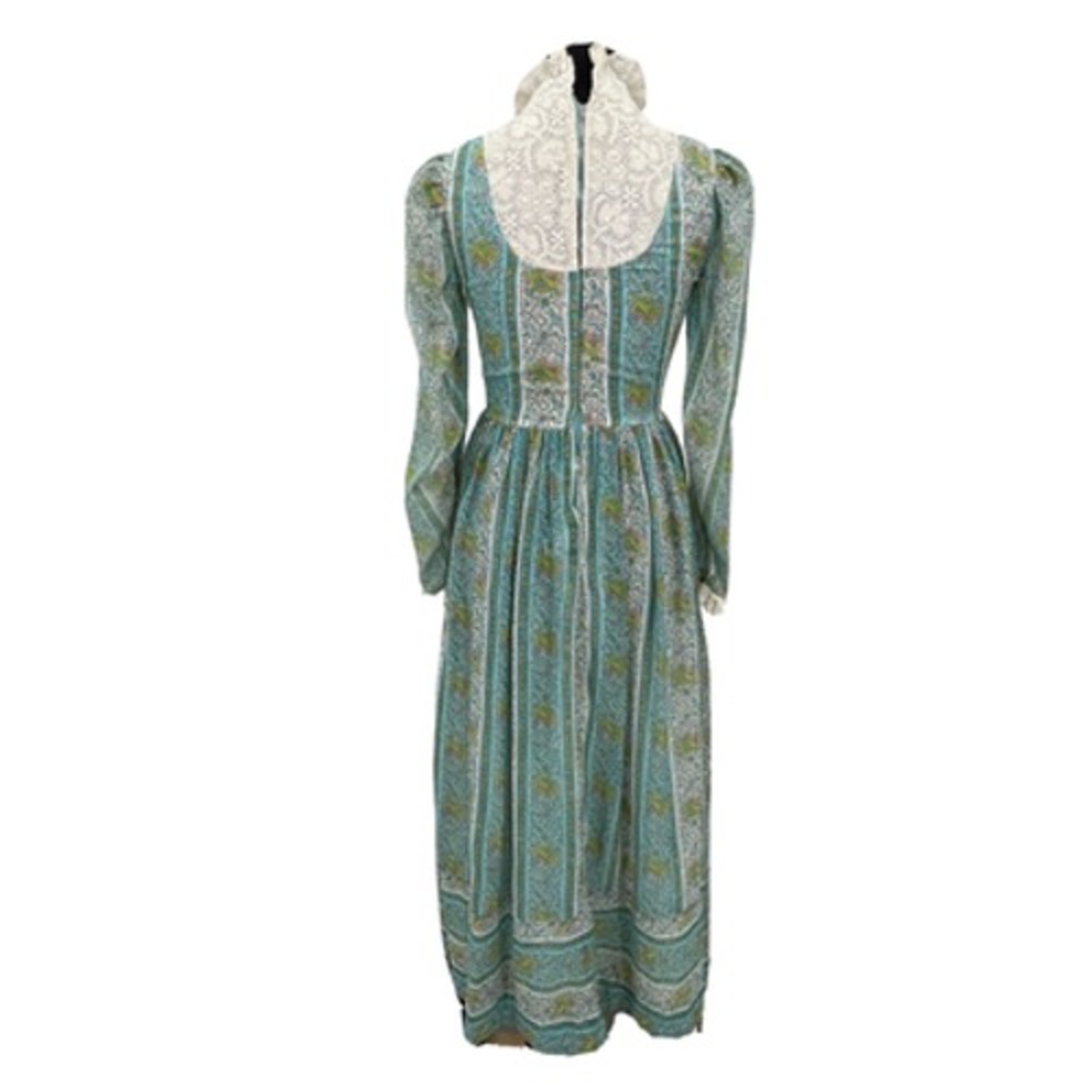 Vintage 60's Blue Pink Floral Print White Lace Prairie Boho Maxi Dress Small - Picture 3 of 12